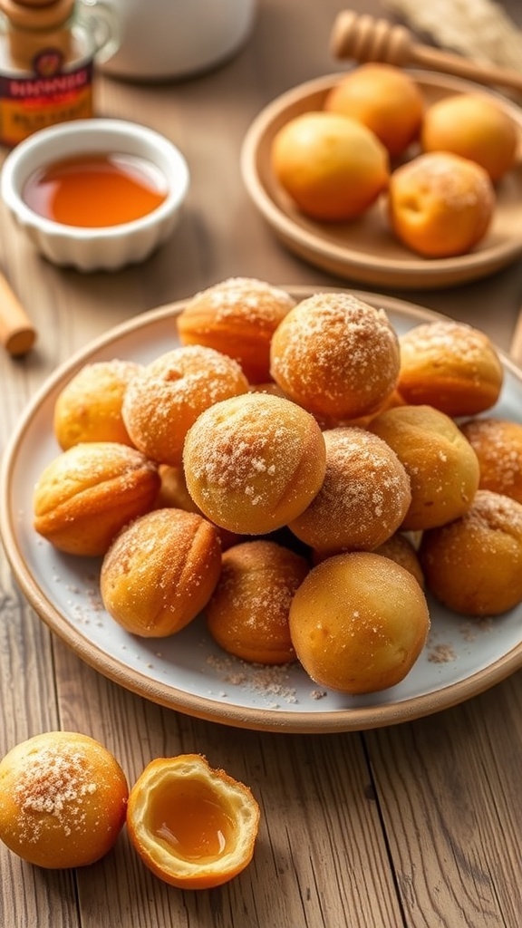 Golden brown air fryer donut holes dusted with cinnamon sugar on a rustic wooden table.